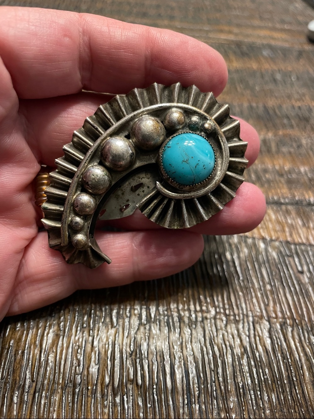 Vintage Mid-Century Navajo Sterling Silver Turquoise Fur Clip Pin Old Pawn